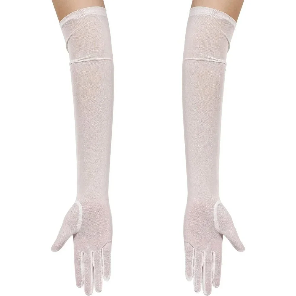 Women's Tulle Mesh White Long Stretchy Gloves Halloween Party Wedding Costume